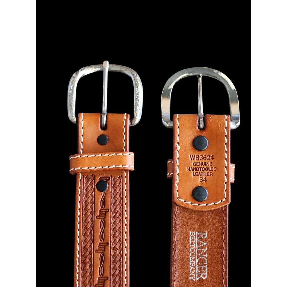 Ranger Belt Co WB3624 Western Belt Tooled Leather Saddle Tan Removable Buckle 34 - Picture 3 of 3